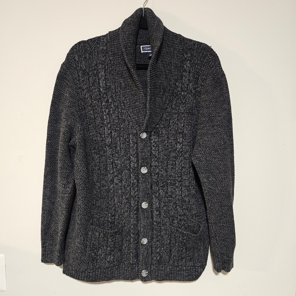 Club Room Cardigan Sweater Mens L Charcoal Gray Cable Knit Shawl Collar Academia